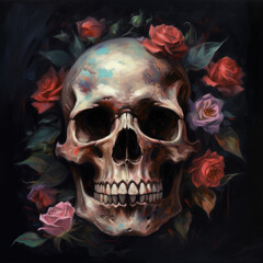 Obraz premium Skull and roses. Digital art. Generative AI.