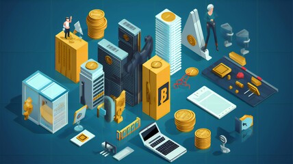 Isometric illustration, finance and analytics concept, financial system and money. AI generated