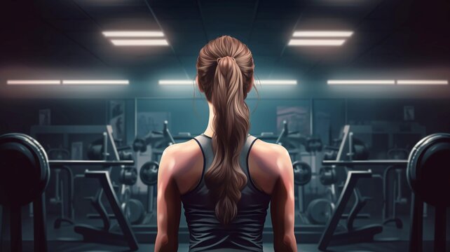 Back view of a woman athlete fitness model with sportswear in the gym. AI generated