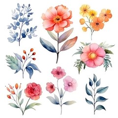 Watercolor flowers. Set Watercolor of multicolored colorful soft flowers. Flowers are isolated on a white background. Flowers pastel colors