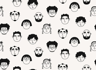 Seamless pattern with male and female portraits. Texture in doodle style.