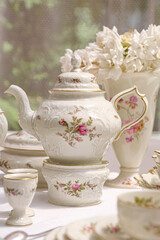 Classic rose collection. Rosenthal group germany vintage tea sets with embossed patterns and roses
