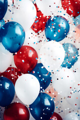 fliegende blaue, rote und wei&szlig;e Party Ballons mit Konfetti. Generative Ai.