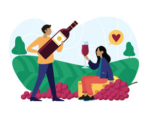 Wine made with love. Man and woman tasting red wine and cheese in nature. Tasting tours to vineyards. Cartoon characters of young people dealing with wine production