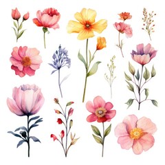 Watercolor flowers. Set Watercolor of multicolored colorful soft flowers. Flowers are isolated on a white background. Flowers pastel colors.