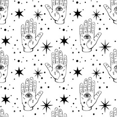 Magic seamless pattern. All-seeing eyes on the palms of the hand. Mystical background. Boho illustration for palmist, numerology and astrology.