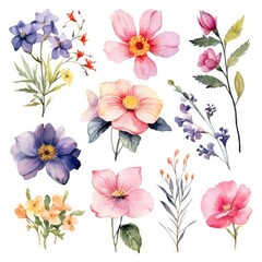 Watercolor flowers. Set Watercolor of multicolored colorful soft flowers. Flowers are isolated on a white background. Flowers pastel colors.