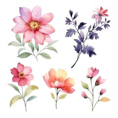 Watercolor flowers. Set Watercolor of multicolored colorful soft flowers. Flowers are isolated on a white background. Flowers pastel colors.