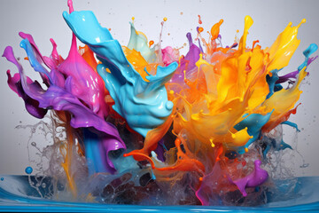 Photorealistic ai artwork of color splashes, paint, bright, liquid. Generative ai.