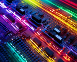 Obraz na płótnie Canvas A Glowing Rainbow-Colored Circuit Board Generative AI