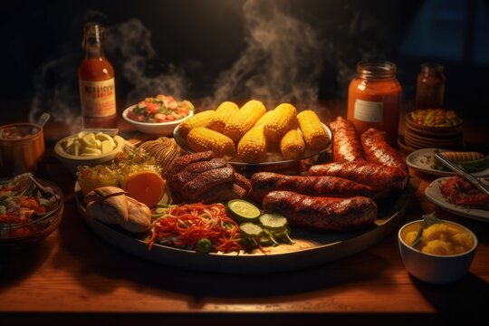 BBQ Barbeque Feast Ribs Meat Chicken Steak Sausage Brisket Corn Bread Potatoes Background Image