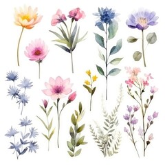 Watercolor flowers. Set Watercolor of multicolored colorful soft flowers. Flowers are isolated on a white background. Flowers pastel colors. generative ai