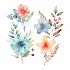 Fototapeta na wymiar Watercolor flowers. Set Watercolor of multicolored colorful soft flowers. Flowers are isolated on a white background. Flowers pastel colors. generative ai