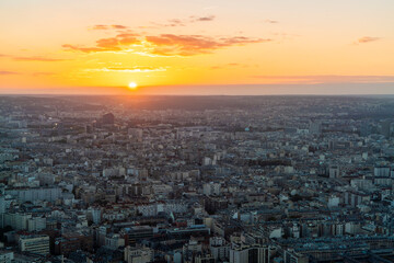 Aerial view of cityscape of Paris by sunset, France
