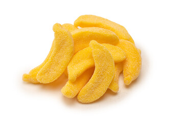Juicy colorful jelly banana sweets isolated on white.