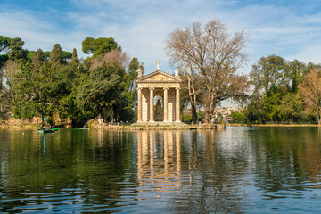 Temple of Asclepius on lake in villa Borghese, Rome, Italy