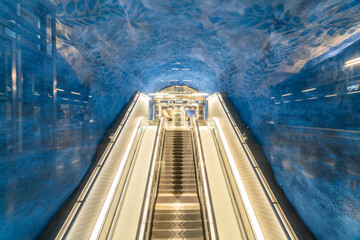 Colored Central station underground blue line in Stockholm, Sweden