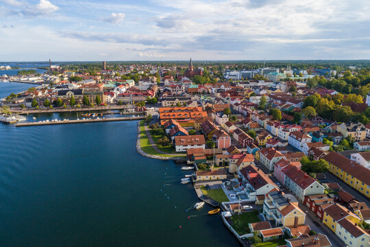 Aerial view of Vastervik city with the harbor and old city, Sweden
