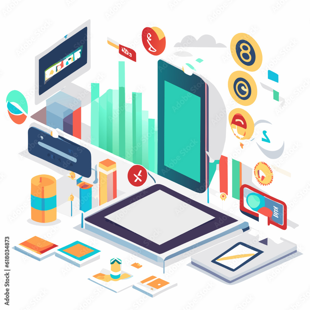 Poster isometric flat design vector illustration concept of big data analytics, digital technology and anal