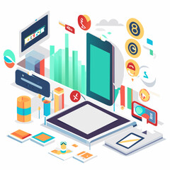 Isometric flat design vector illustration concept of big data analytics, digital technology and analytics.