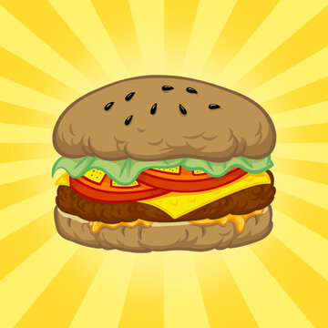Realistic big hamburger on white background - vector illustration