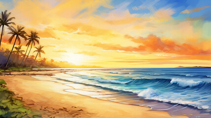 Fototapeta na wymiar Maui Hawaii Big Beach Sunrise at golden hour in watercolor