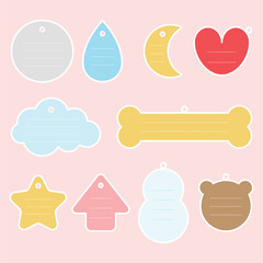 Different shapes round, water drop, moon, heart, cloud, bone, star, arrow, snowman, bear tag vector illustration. Tag can identify product or shipping information. Tag or label is easy to use.