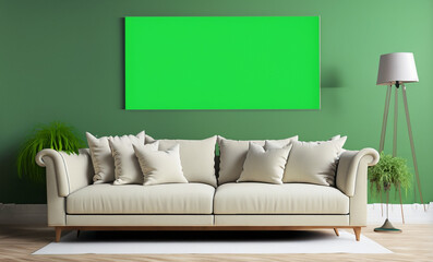 modern living room, Light cream living room sofa with pillows in front of a green Screen wall, virtual studio, green Screen, virtual TV studio , Ai Generate 