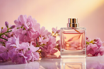 Obraz na płótnie Canvas Perfume bottle with flowers on pastel color background