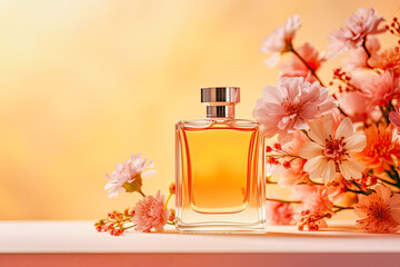 Perfume bottle with flowers on pastel color background