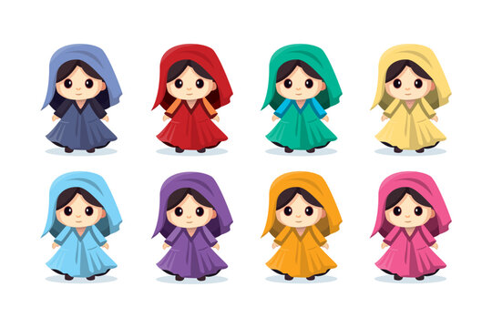 Cute funny chibi girls, cartoon in a colored dress. Little red Riding hood, a nun. Large stylized cartoon eyes in anime style.