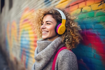 Smiling emotional stylish woman headphones, listening to music on the graffiti brick wall...