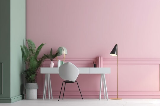 Home Office Corner With Pastel Pink And Green Wall