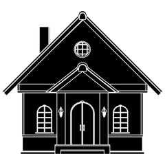 Black silhouette of one-story house with porch and canopy isolated on white background. Clipart.