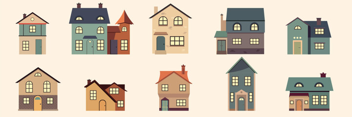 Houses exteriors set. Residential town buildings architecture. Traditional homes designs. Modern real estate structures with windows, doors. Flat vector illustrations isolated on white background
