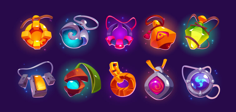 Game amulet icon with magic gem vector ui set. Fantasy pendant ball for witch interface app. Fairy button design illustration. Wizard brooch treasure for award. Orb glass necklace reward decoration