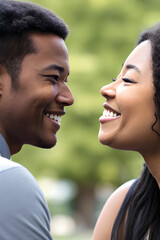 Fototapeta premium Image of a beautiful Asian woman and black man couple smiling. (AI-generated fictional illustration) 