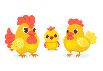 Cute chicken family with their chicken in cartoon style. Vector illustration of an adult hen, rooster and chick on a white background. - obrazy, fototapety, plakaty