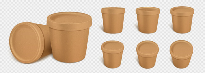 Ice cream craft paper container package vector mockup. 3d realistic blank paper yogurt jar above and side view isolated on transparent background. Frozen gelato dessert eco recycle packing design