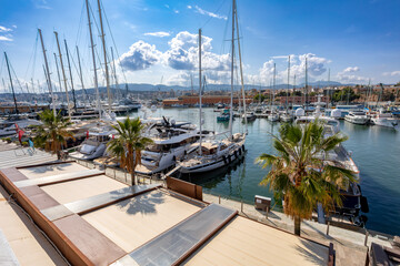 Scenic view of capital city Palma de Mallorca port. Sunny day with blue sky. Balearic Islands...