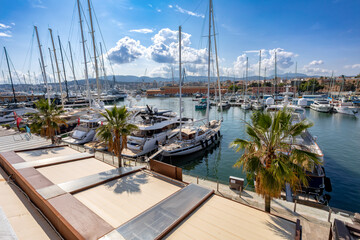 Scenic view of capital city Palma de Mallorca port. Sunny day with blue sky. Balearic Islands Mallorca Spain. © ArtushFoto