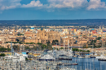 Scenic view of capital city Palma de Mallorca cityscape. View from Bellver Castle hill to old town centre with cathedral La Seu. Balearic Islands Mallorca Spain. © ArtushFoto