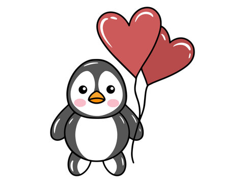 cute penguin holding red heart balloons