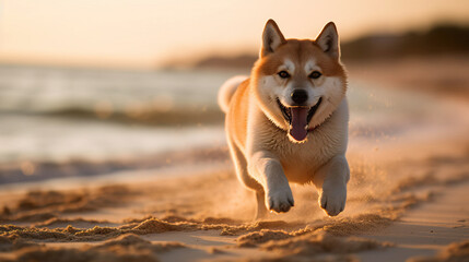 Shiba Inu Dog Running on Sandy Beach. Created using generative AI tools