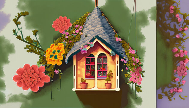A little house in a glass jar with flowers background photo