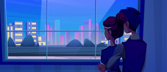 Husband and wife couple standing near window at night back view cartoon illustration. Adult woman and man looking for evening neon urban cityscape with skyscraper. Boyfriend hug girlfriend character