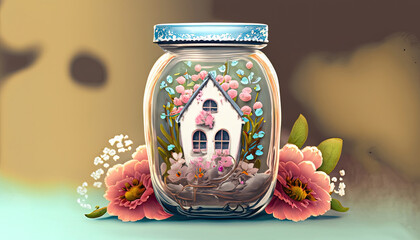 A little house in a glass jar with flowers background photo