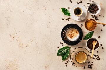 Background with cups of coffee on light background. Copy space. Top view