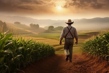 Fototapeta premium farmer in field back view