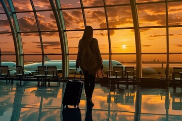 Illustration of  Silhouette of woman traveler with luggage at the airport with sunset sky background, ai generative